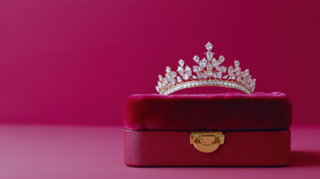 A stunning tiara is elegantly displayed atop a plush velvet box, set against a vibrant pink background, showcasing beauty and sophistication.の素材