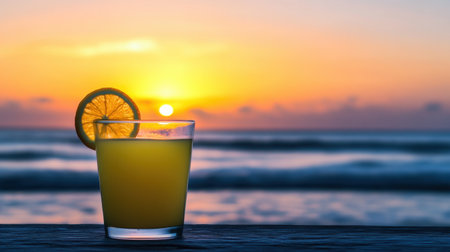 A stunning image of a refreshing citrus drink garnished with a lemon slice, set against the backdrop of a vibrant sunset over ocean waves.の素材
