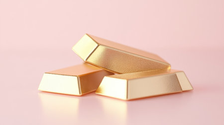This image showcases three gold bars elegantly stacked on a soft pink background, symbolizing luxury and wealth. Ideal for finance and investment themes.の素材