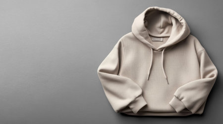 A stylish beige hoodie lies flat against a gray background, showcasing its soft fabric and modern design, ideal for fashion and casual wear promotion.の素材
