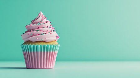 A beautifully designed cupcake featuring pink frosting and colorful sprinkles, set against a solid background for enticing dessert visuals and promotional material.の素材