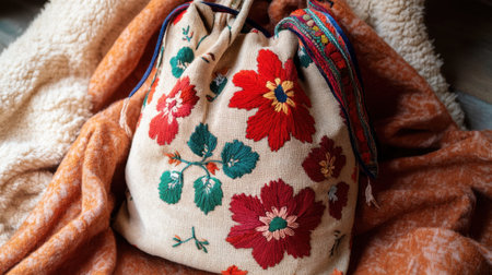 This image showcases a beautifully handcrafted bag featuring intricate floral embroidery on a soft fabric background, perfect for adding a touch of elegance.の素材