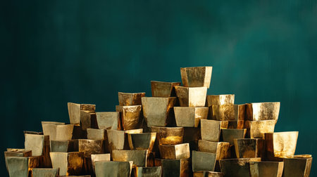 An artistic arrangement of shiny metal containers with a striking light reflection, set against a vibrant backdrop, showcasing luxury and elegance.の素材