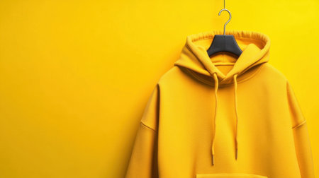 A vibrant yellow hoodie hangs on a black hanger against a matching yellow wall, perfect for showcasing stylish apparel in a modern setting.の素材