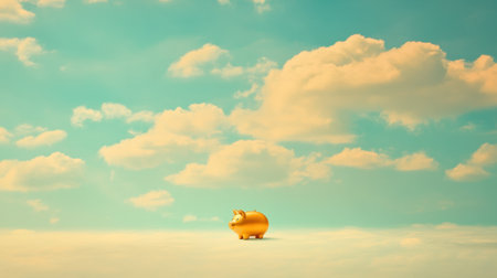 A golden piggy bank stands alone against a vast, dreamy sky filled with fluffy clouds, representing financial aspirations and the joy of saving.の素材