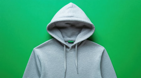 This image features a gray hoodie displayed against a bright green background, capturing the essence of casual fashion in a modern, minimalistic style.の素材