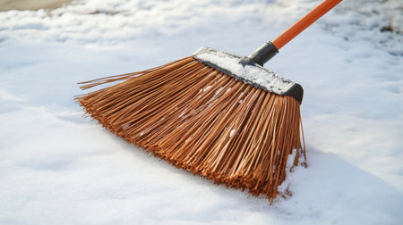 A close-up view of a broom resting on a blanket of freshly fallen snow, showcasing an essential tool for winter cleaning and outdoor maintenance tasks.の素材