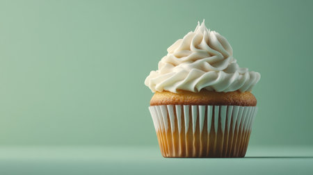 A single vanilla cupcake topped with creamy frosting sits against a soft green background, embodying the perfect treat for any celebration or dessert lover.の素材