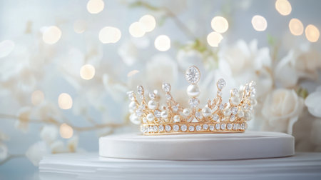 This image features an elegant gold tiara adorned with pearls and sparkling gems, set against a soft background with gentle bokeh lights and floral accents.の素材