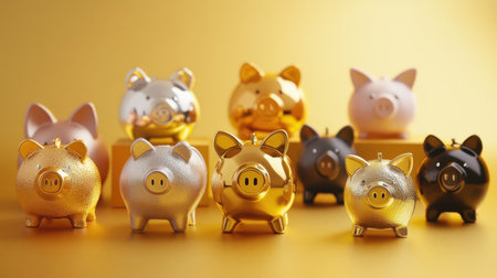 This vibrant image showcases a collection of piggy banks in various colors and finishes, perfect for promoting savings, finance, or childhood concepts.の素材