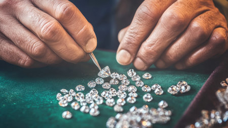 A skilled gemologist sorts exquisite diamonds on a deep green velvet surface, showcasing meticulous craftsmanship and the beauty of each unique gemstone.の素材
