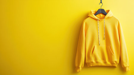 A bright yellow hoodie showcased on a black hanger against a vibrant yellow background. This image captures a trendy and casual fashion statement, ideal for creative projects.の素材