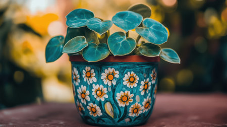 A beautifully decorated flower pot featuring vibrant daisies and lush green leaves, perfect for enhancing any indoor space with nature's charm and aesthetic appeal.の素材