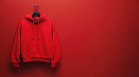 A vibrant red hoodie displayed on a hanger against a bold red wall, perfect for showcasing modern fashion and apparel in a minimalistic style.の素材