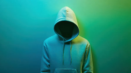 A striking image featuring a mysterious figure in a hooded sweatshirt, set against a vibrant gradient backdrop, evoking themes of anonymity and intrigue.の素材