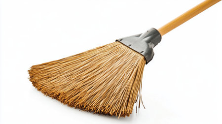 A close-up view of a broom featuring natural bristles and a wooden handle, set against a clean white background, ideal for cleaning and housekeeping tasks.の素材