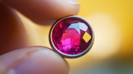 A stunning close-up of a hand holding a vibrant pink gemstone, showcasing its intricate cut and reflective surfaces against a warm, soft background.の素材