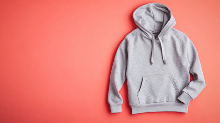 This image features a cozy gray hoodie set against a vibrant coral background, perfect for showcasing apparel design and stylish lifestyle themes.の素材