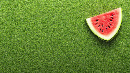 A vibrant watermelon slice rests on a lush green grass background, symbolizing summer and healthy eating. Perfect for food lovers and seasonal content.の素材