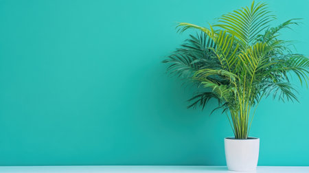 A stunning green plant in a sleek white pot stands proudly against a bright turquoise wall, creating a fresh and inviting atmosphere in any indoor space.の素材