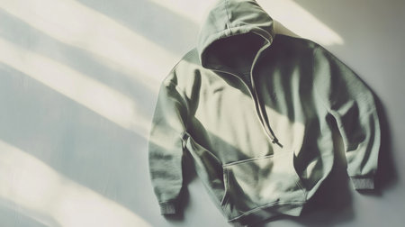 A soft grey hoodie laid flat on a smooth surface, complemented by gentle natural light casting soft shadows, perfect for showcasing casual fashion.の素材