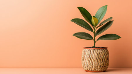 A charming indoor plant in a woven pot sits against a soft orange wall, creating a warm and inviting atmosphere for home decor enthusiasts.の素材
