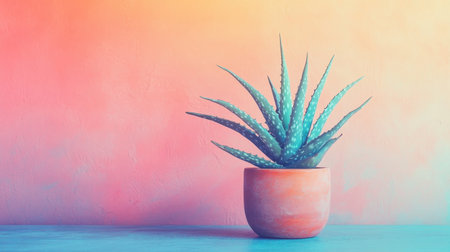 A stunning aloe vera plant sits elegantly in a terracotta pot against a vibrant gradient wall, showcasing natural beauty and tranquility in modern spaces.の素材