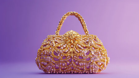 This stunning gold handbag features intricate pearl detailing, perfect for showcasing elegance and luxury. The vibrant purple background enhances its beauty.の素材