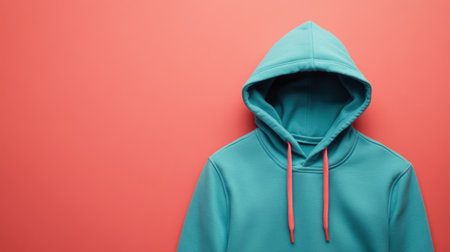 This image showcases a vibrant teal hoodie featuring drawstrings, set against a coral background. It highlights modern fashion trends and cozy apparel.の素材