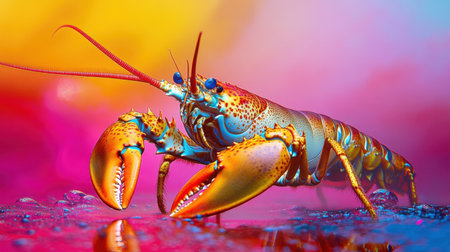 A stunning close-up of a lobster showcasing its colorful claws against a vibrant, artistic background. The image captures intricate details and textures, perfect for culinary or marine themes.の素材