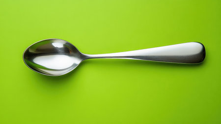 This image features a sleek stainless steel spoon placed on a bright green background, emphasizing its modern design. Perfect for culinary and home-related themes.の素材