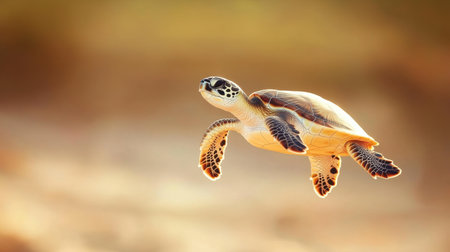 A stunning sea turtle swims gracefully through serene waters, showcasing its natural beauty against a soft, blurred background. The image captures the essence of freedom and tranquility in the marine environment.の素材
