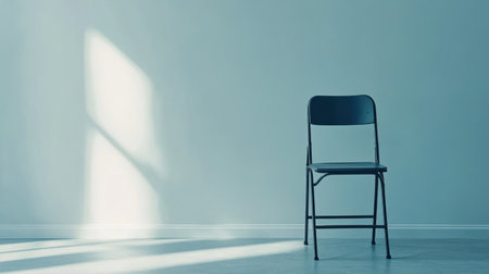 A single black chair in a spacious area against a soft blue wall, illuminated by natural light, creates a serene, minimalist atmosphere perfect for design.の素材