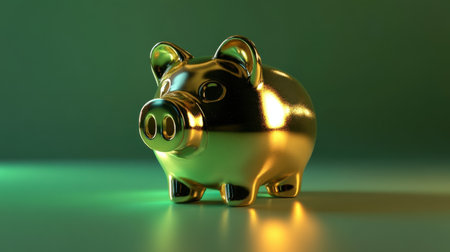 This stunning golden piggy bank shines with a glossy surface, set against a vibrant green backdrop, perfect for themes around finance and saving.の素材