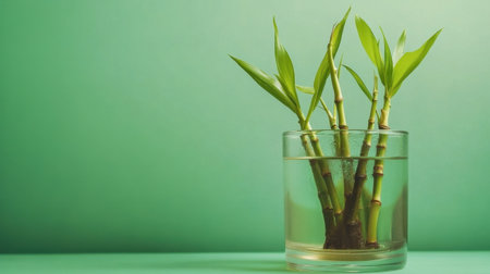 A vibrant bamboo plant displayed in a clear glass vase filled with water, set against a soft green background. Perfect for indoor decoration and relaxation.の素材