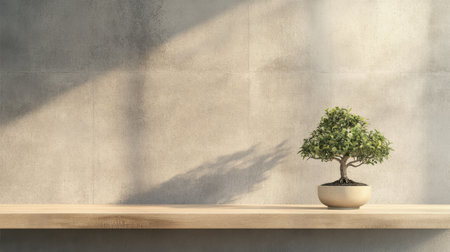 A serene minimalist interior scene featuring a beautifully crafted bonsai tree on a wooden shelf, set against a textured grey wall, illuminated by soft light.の素材