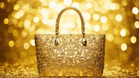 A stunning golden handbag featuring intricate floral designs and a luxurious finish, set against a dazzling bokeh background that enhances its opulence.の素材