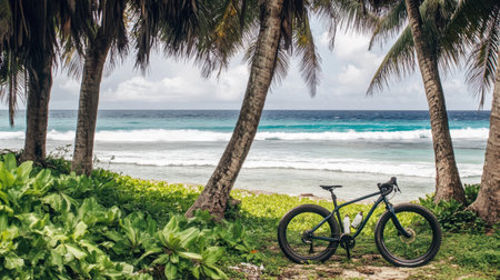 A mountain bike rests on the sandy shore surrounded by lush palm trees and a beautiful ocean view, ideal for outdoor adventure and relaxation.の素材