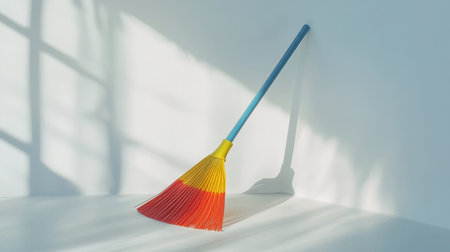 A vibrant and colorful broom stands upright against a clean wall, casting soft shadows in a bright space, embodying simplicity and freshness.の素材