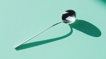A sleek stainless steel soup ladle rests elegantly on a mint green background, showcasing its polished surface and subtle shadows, perfect for culinary themes.の素材
