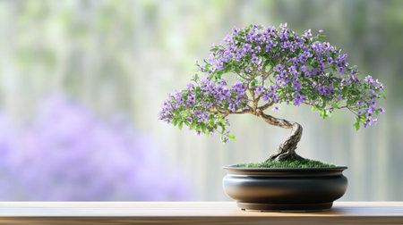 A stunning bonsai tree adorned with vibrant purple flowers sits elegantly in a pot, creating a serene atmosphere that highlights the beauty of nature.の素材