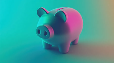 A colorful piggy bank stands out against a trendy backdrop, representing the concept of saving money and financial strategy in a modern context.の素材