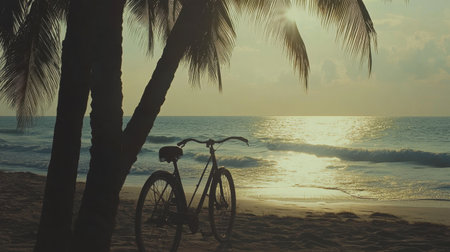 A tranquil scene featuring a bicycle silhouette near palm trees on a sandy beach, capturing the beauty of sunset over the ocean waves. Perfect for evoking relaxation.の素材