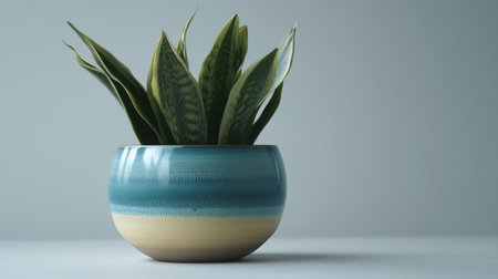 A stunning Sansevieria plant in a modern decorative pot, showcasing vibrant green leaves against a light gray background, enhancing any indoor space's aesthetic.の素材