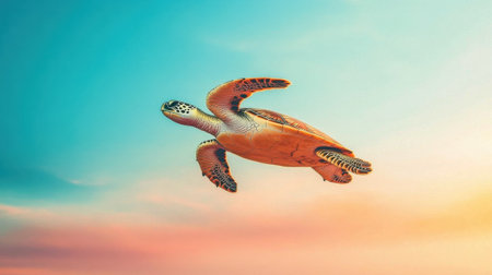 A stunning image of a sea turtle gracefully swimming against a backdrop of a colorful sky at sunset. Perfect for nature lovers and marine life enthusiasts.の素材
