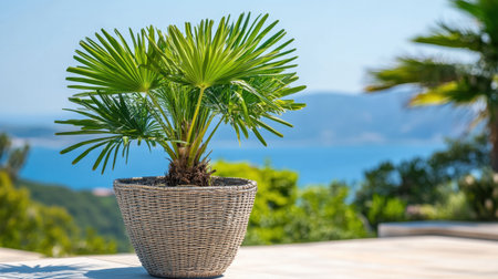 A vibrant potted palm plant stands elegantly on a terrace, showcasing lush greenery against a picturesque ocean backdrop in bright sunlight.の素材