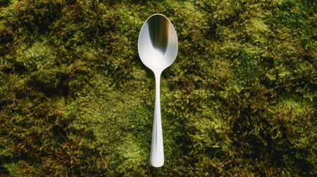 A stunning silver spoon rests prominently on vibrant green moss, creating a beautiful blend of elegance and nature, ideal for culinary and design projects.の素材