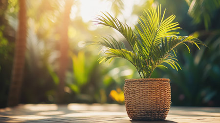 A lush green plant in a woven basket brings life to any space, radiating freshness and tranquility in a serene tropical environment. Ideal for decor.の素材