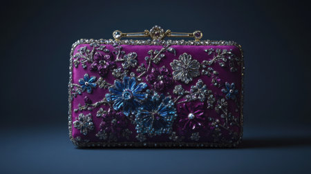 This stunning purple clutch purse features intricate floral embroidery adorned with sparkling beads, ideal for elegant evening wear or special occasions.の素材