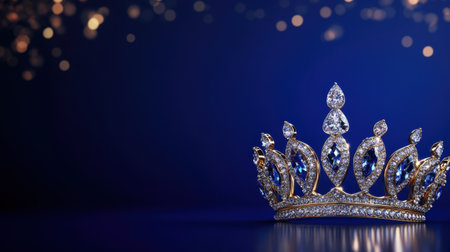 A stunning golden crown adorned with sparkling gems sits elegantly against a deep blue background, perfect for themes of royalty and celebration.の素材